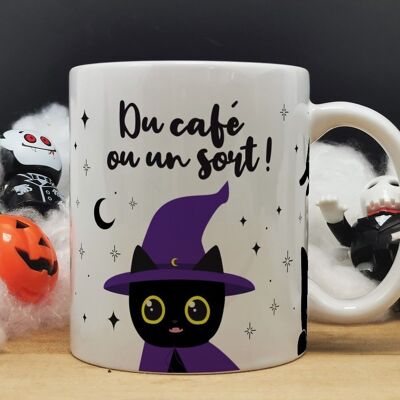 Schwarze Katzentasse – Halloween-Tasse „Kaffee oder ein Zauberspruch“