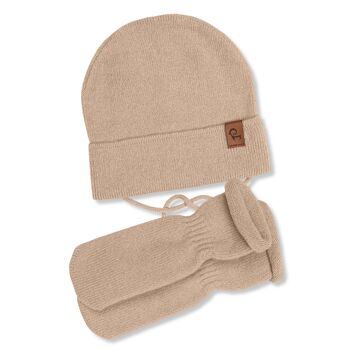 Ensemble 2 pièces bonnet en tricot avec ficelles et mitaines pour bébé 1