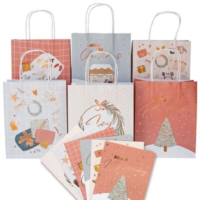 6 bolsas con asa de papel de regalo laminado en oro rosa, azul hielo, set 05