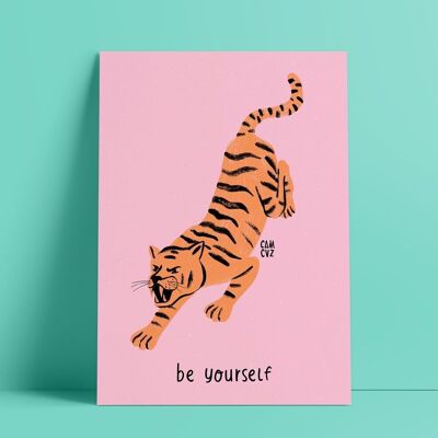 Tiger-Poster „Sei du selbst“ | Katzenillustration, positives Zitat, alte Schule