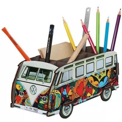 Boîte à stylos VW T1 - Coeurs pop art en bois
