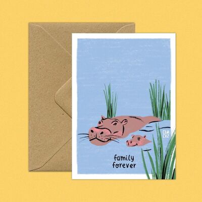 Family forever | carte postale jeunesse avec hippopotame