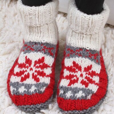 Snowflake Lined Sofa Socks Red - Red