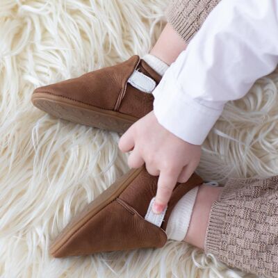 Baby first steps slippers in soft leather "Deep Tabac"