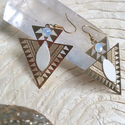 2 pairs of long geometric earrings in leather & Swarovski crystal hippie chic style