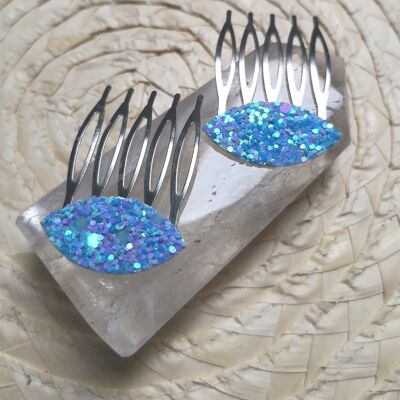 set of 4 small turquoise and champagne colored glitter hair combs