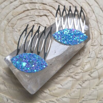 set of 4 small turquoise and champagne colored glitter hair combs