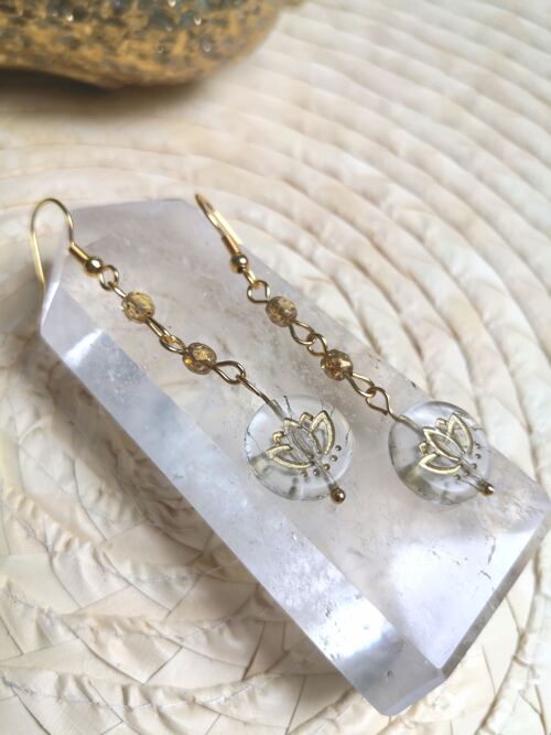2 paires de boucles d'oreilles longues lotus en verre de Bohème | boucles d'oreilles lotus| bronze ou or