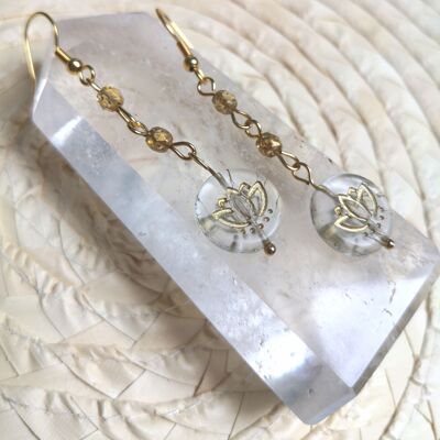 2 paires de boucles d'oreilles longues lotus en verre de Bohème | boucles d'oreilles lotus| bronze ou or