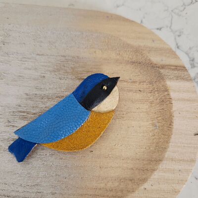 Blue tit brooch in recycled leather and gold plated