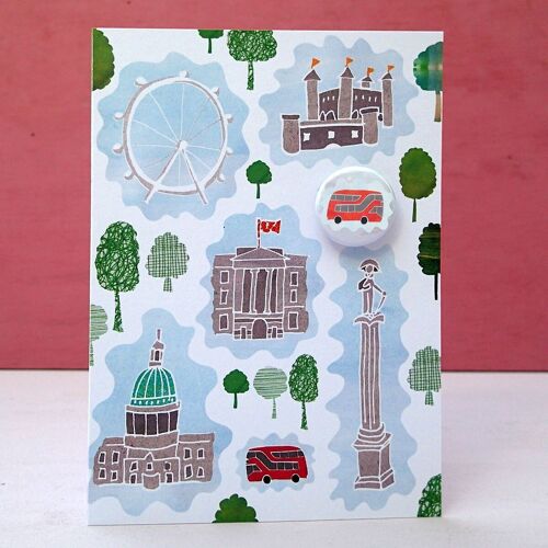 Lovely London and Bus  - Greeting card with badge