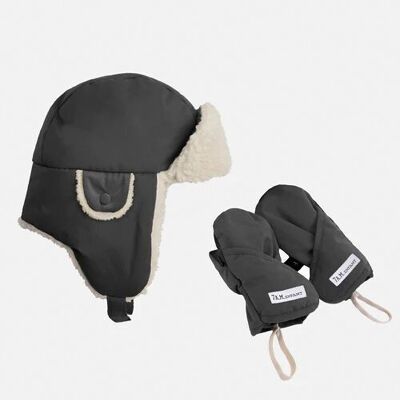 7AM Benji Gift Set: Hat and Mittens with Sherpa and Plush Lining for Baby (6-12 Months) - Smokey Grey, Ideal for Cold Days