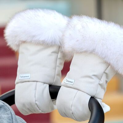 7AM Warmmuffs Kinderwagenhandschuhe: Thermo- und wasserabweisende Fäustlinge mit Fleecefutter für Babys und Kinder – Beige und Weiß