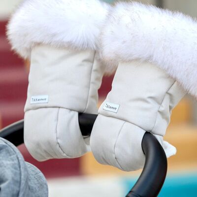 Poussette Moufles / Kinderwagenhandschuhe / Warmmuff für Kinderwagen - Beige Heather, weißes Fell