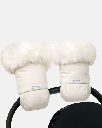Gants de poussette 7AM Warmmuffs : Mitaines thermiques et hydrofuges avec doublure polaire pour bébés et enfants – Beige et blanc 2