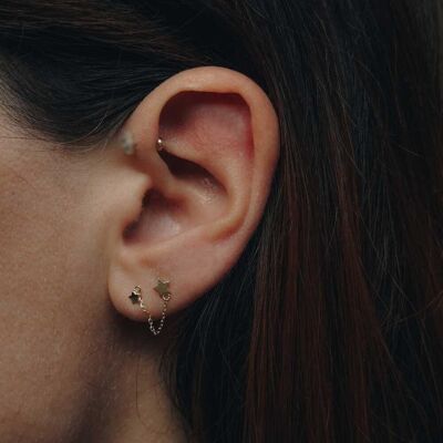 14k Solid Gold Double Star Piercing Earring