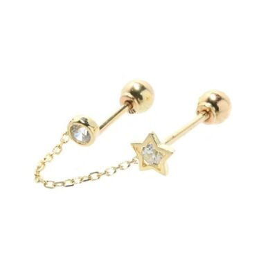 14K Solid Gold Double Star Rhinestone Piercing Earring