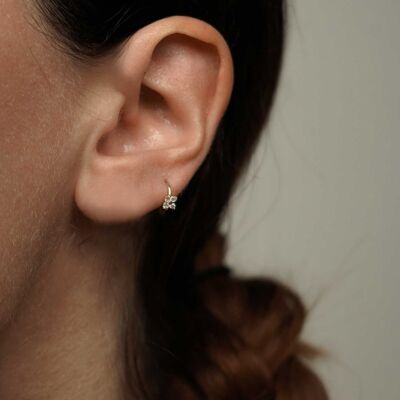 Boucle Oreille Piercing Créole Fleur Strass Or Massif 14 Carats