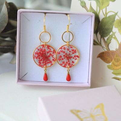 Earrings of real red flowers, Resin jewelry and real dried flowers