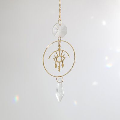 Suncatcher MIDDAY, Crystal and brass sun catcher, Minimalist and Bohemian decoration, Celestial and Magical hanging mobile