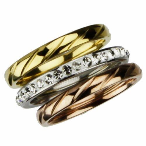 Triple stainless steel ring with stones, gold-silver-bronze