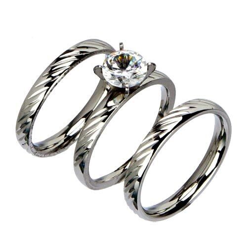 Edelstahl 3tlg. Ringset mit Stein, Silber