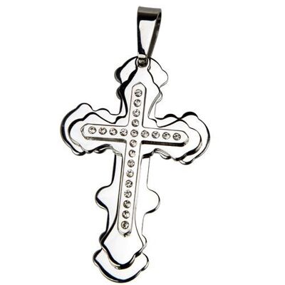 Edelstahlanhänger Kreuz mit Steinen, 61mm, Silber