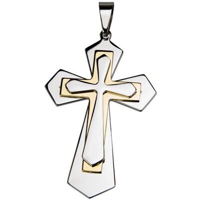 Croce pendente in acciaio inossidabile, grande, 87 mm, bicolore