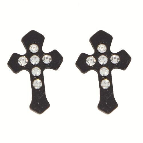 Edelstahlohrringe mit Kreuz mit Steinen, Schwarz