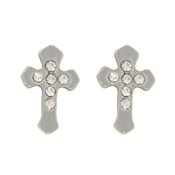 Boucles d'oreilles en acier inoxydable avec croix avec pierres, argent 1