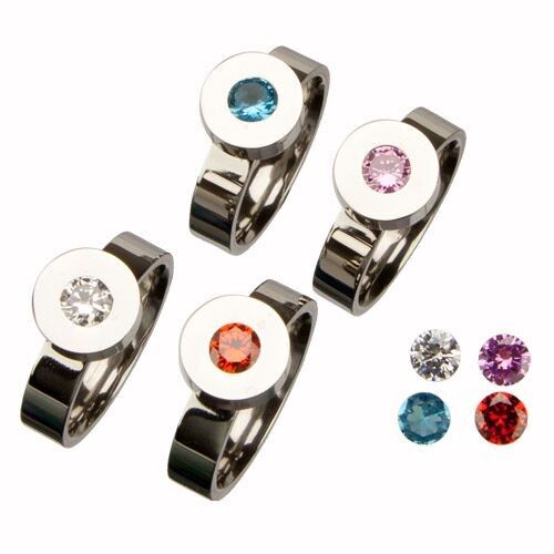 Stainless steel ring with 4 interchangeable zirconia stones, silver, 5.5mm
