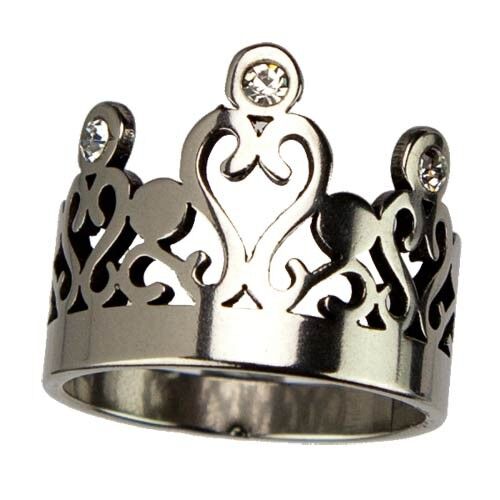 Stainless steel ring, crown with stones, silver