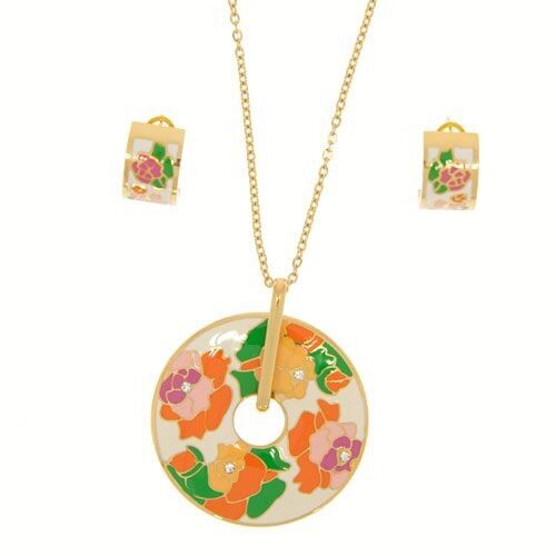 Set:Halskette + Ohrringe Edelstahl emailiert, Gold-bunt 3