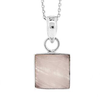 Pendentif carré en quartz rose avec chaîne trace de 18 po et boîte de présentation 1