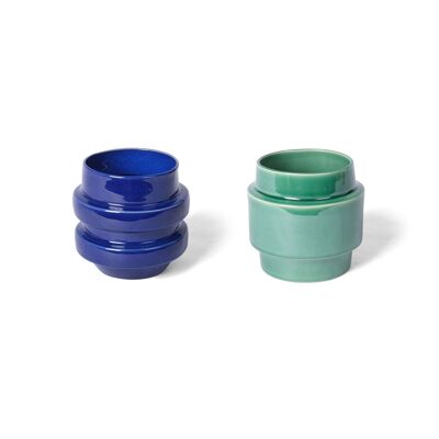 Set of 2 stoneware flower pots in green and blue CA0109NENW1414
