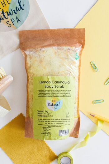 Gommage corporel Citron Calendula Sachet 1kg - Vegan - Exfoliant naturel aux huiles essentielles et huile d'abricot - Pochette de recharge en vrac