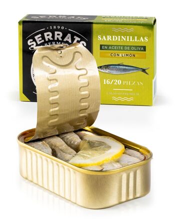 Sardines à l'huile d'olive au citron - 16/20 pièces - Boîte 115g - Conservas Serrats 1