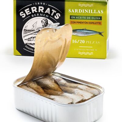 Sardinillas en aceite de oliva con pimentón de Espelette - 16/20 piezas - Lata 115g - Conservas Serrats