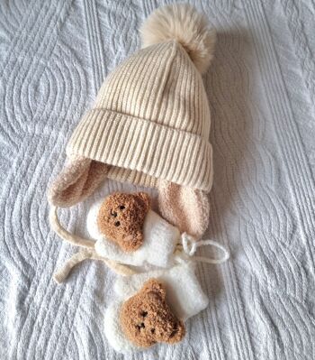 Bonnet d'hiver pour bébé avec cache-oreilles et pompon - Beige 5