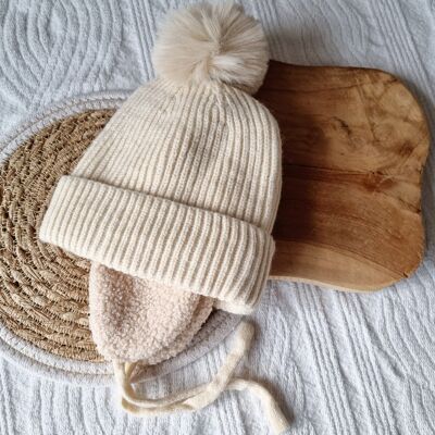 Bonnet d'hiver pour bébé avec cache-oreilles et pompon - Beige