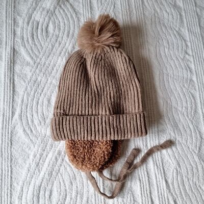 Baby Winter Hat With Ear Warmers and Pompom - Brown