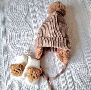 Bonnet d'hiver pour bébé avec cache-oreilles et pompon - Marron 4