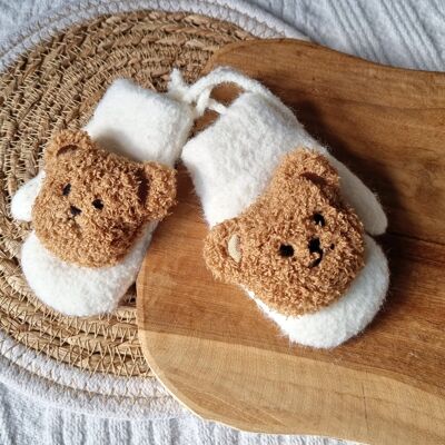 Beige Baby Mittens With Teddy Bear