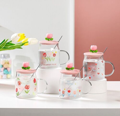 Glass mug with lid and spoon, tulip theme, in 4 designs DF-701