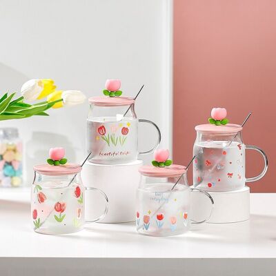 Glass mug with lid and spoon, tulip theme, in 4 designs DF-701