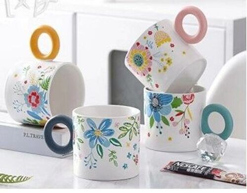 Ceramic mug with flowers and colored ring - handle, in 4 designs DF-702