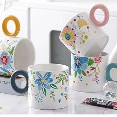 Ceramic mug with flowers and colored ring - handle, in 4 designs DF-702