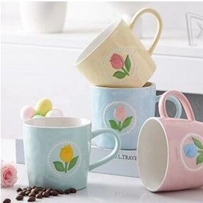 Ceramic mug with tulip theme, in 4 pastel colors YELLOW - BLUE - PINK - GREEN DF-703