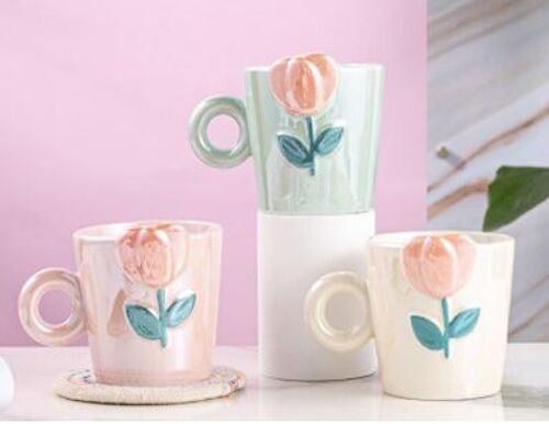Ceramic mug with tulip theme, in 3 pastel iridescent colors GREEN - PINK - YELLOW DF-705
