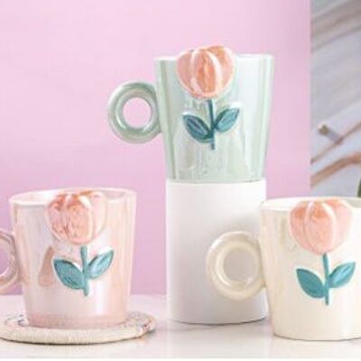 Mug en céramique thème tulipe, en 3 couleurs pastel irisées VERT - ROSE - JAUNE DF-705